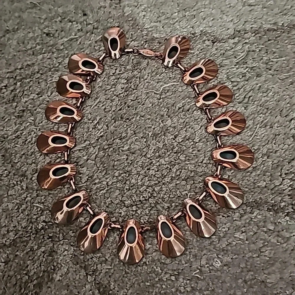 Renoir Copper Necklace, Honey Bear Pattern. Black Enamel on Copper